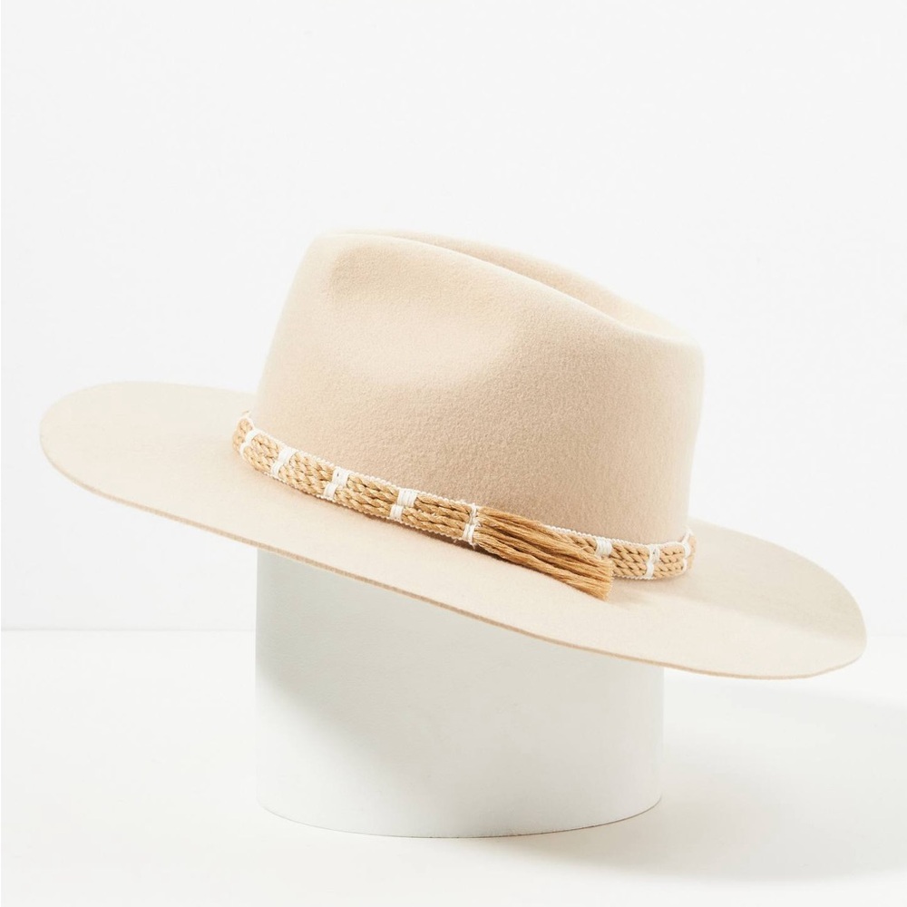 Anthropologie Riverside Trimmed Rancher Hat Wool Felt Taupe Braided Band O/S NWT
